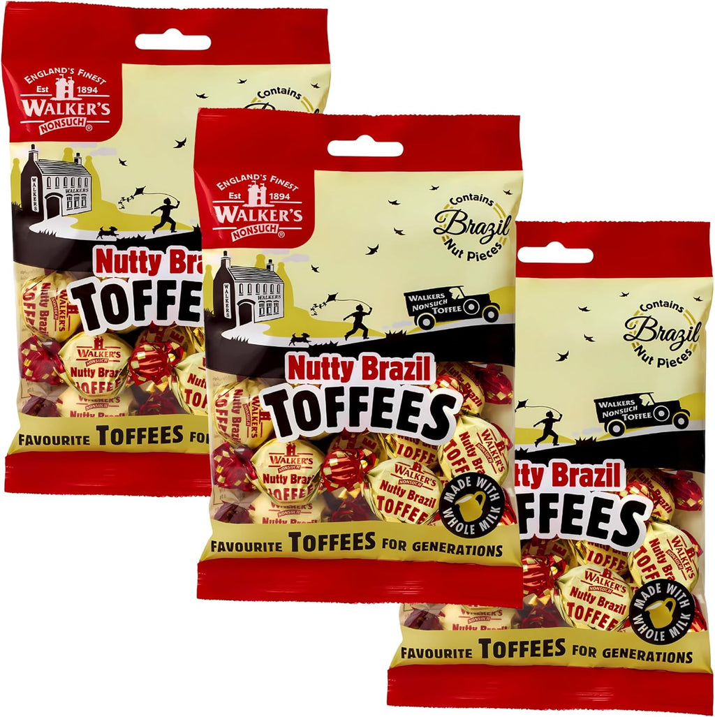 Walkers Nonsuch Nutty Brazil Toffees Bag 5.29 Oz (Pack of 3) – British Candy with Brazil Nuts, Individually Wrapped Butter Toffee Candy, English Toffee Sweets & Gourmet Food Gifts from UK