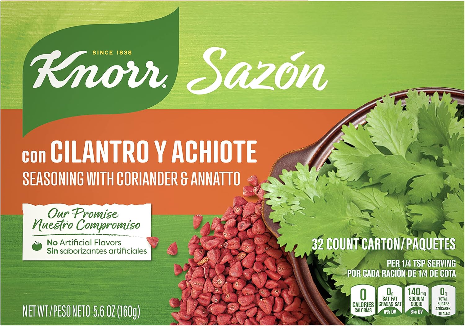 Knorr Sazón Flavorful Seasoning for Sauce, Meat, Poultry, Fish, Seafood, Stews, Rice, Beans, and Other Dishes Cilantro and Achiote No Artificial Flavors 5.6 oz, 32 Count