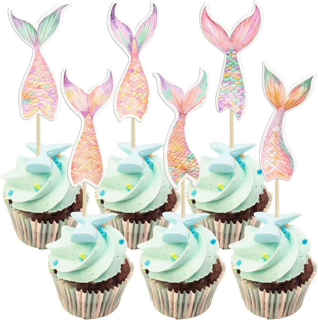 Gyufise 36Pcs Mermaid Tail Cupcake Toppers Mini Under the Sea Mermaid Tail Figures Cupcake Pick Decorations for Party Decoration Baby Shower Supplies