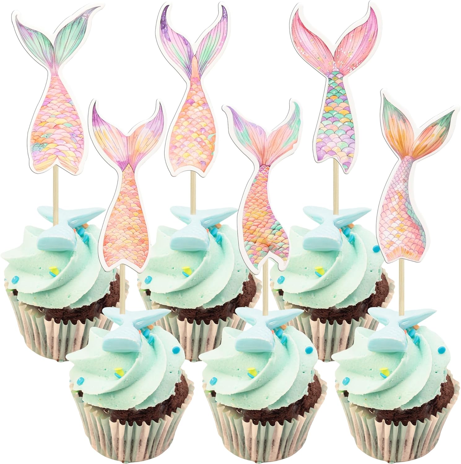 Gyufise 36Pcs Mermaid Tail Cupcake Toppers Mini Under the Sea Mermaid Tail Figures Cupcake Pick Decorations for Party Decoration Baby Shower Supplies