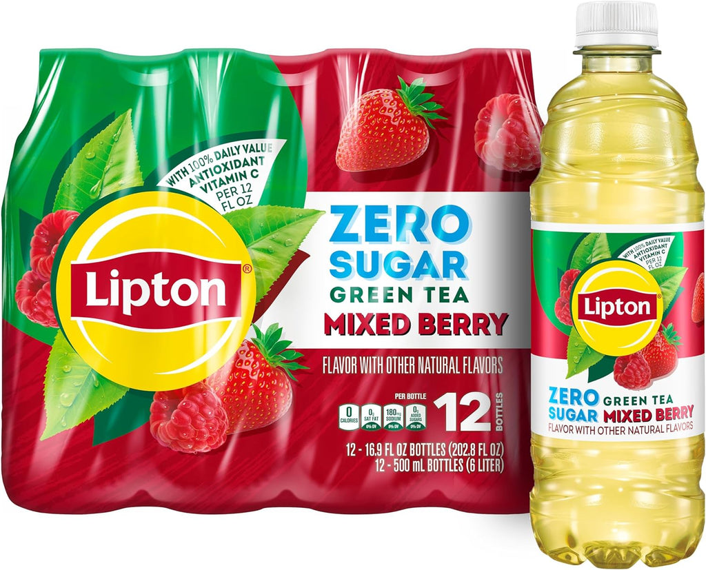 Lipton Zero Sugar Iced Tea, Green Tea Mixed Berry, 16.9 fl oz Bottles, (12 Pack), 100% DV Vitamin C