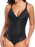 TROPICA LOVE Shimmer Lace Bodysuit for Women Thong Tummy Control V-Neck Sexy Shapewear Top
