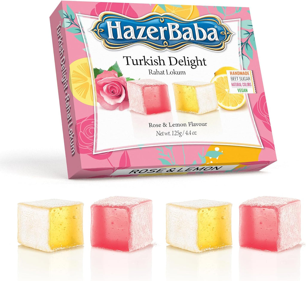Hazer Baba Turkish Delight Candy, Rose & Lemon Flavored, 4.4 Oz (Pack of 1), Gourmet Snack Box, Traditional, Vegan Snack, Turkish Lokum, Unique Sweets, Loukumi, Delicias Turcas, Halal, Kosher