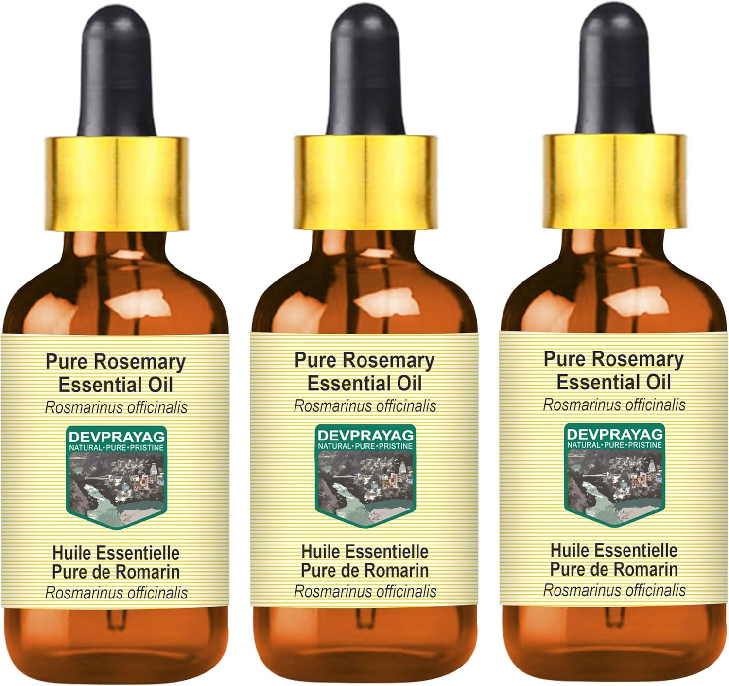 Pure Rosemary Essential Oil (Rosmarinus officinalis) with Glass Dropper Steam Distilled (Pack of Three) 100ml X 3 (10 oz)