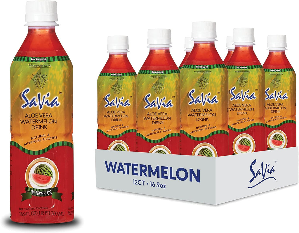 Savia - Watermelon Aloe Vera Drink, Quality Aloe-Based Beverage, Made with Real Aloe Pulp & Natural, Delicious & Refreshing, Vegetarian, Gluten-Free, Fat-Free (16.9oz, 12-Pack)