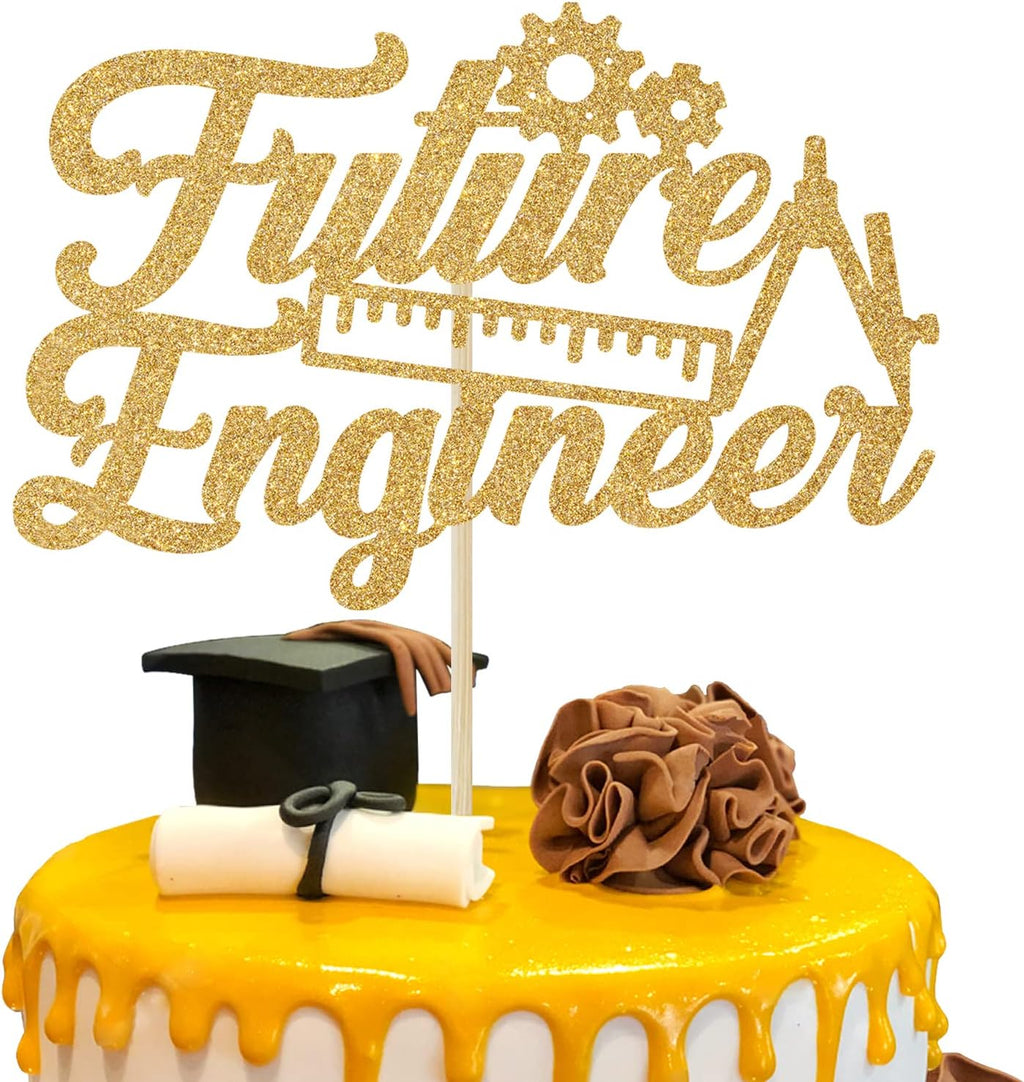Future Engineer Cake Topper - Congrats Engineer/Look at You Becoming an Engineer Graduation Cake Decor - Class of 2026 College Engineering Graduate Party Decoration Supplies, Gold Glitter
