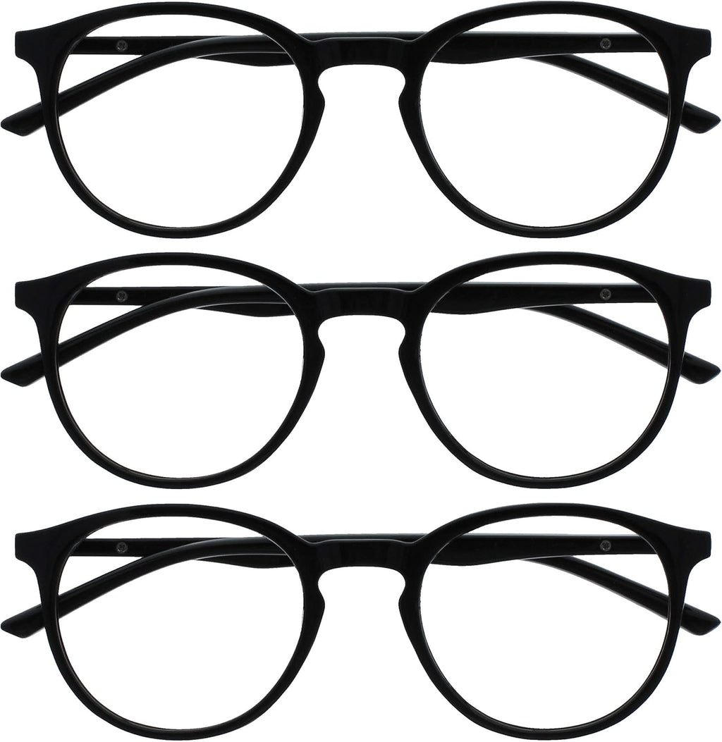 OPULIZE MET Blue Light Blocking Reading Glasses for Women Men, Slim Round Frame with Scratch Resistant and Spring Hinges, Computer Glasses with Anti-Reflective, Black,Clear +1 (Pack of 3)