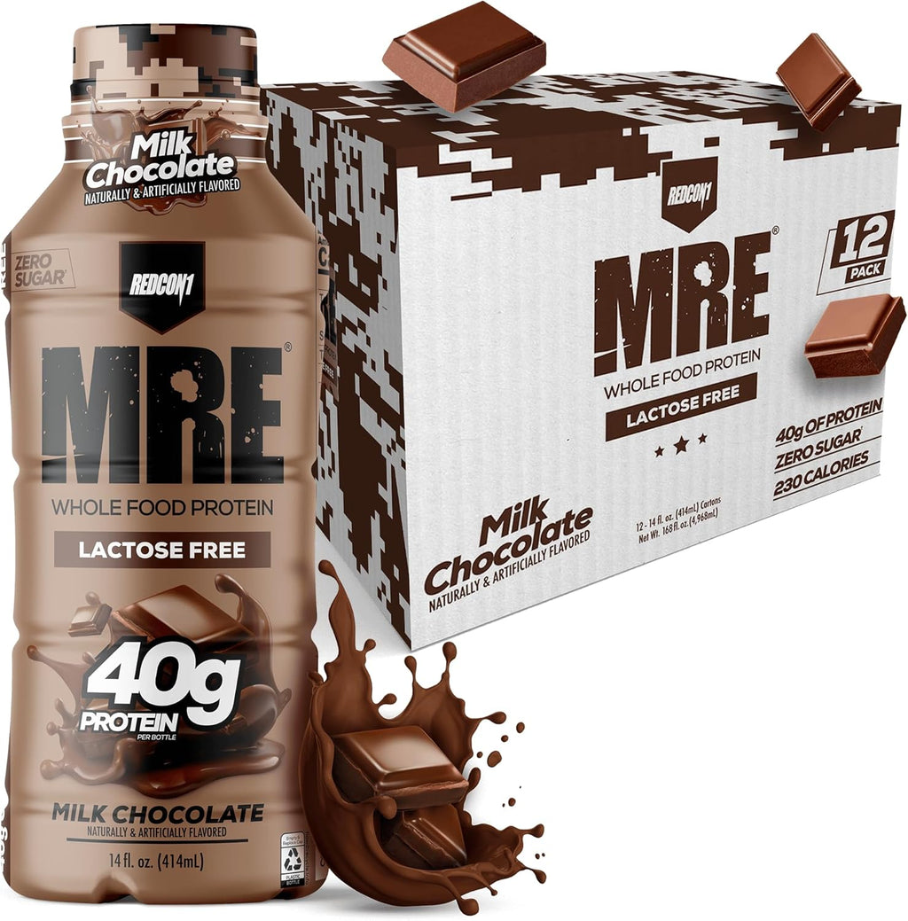 REDCON1 MRE Ready to Drink Protein Shake, Milk Chocolate - Lactose Free RTD 40gr Protein Made with Real Whole Food Protein Blends - Easy to Digest Nutritional Shake (12 Pack)