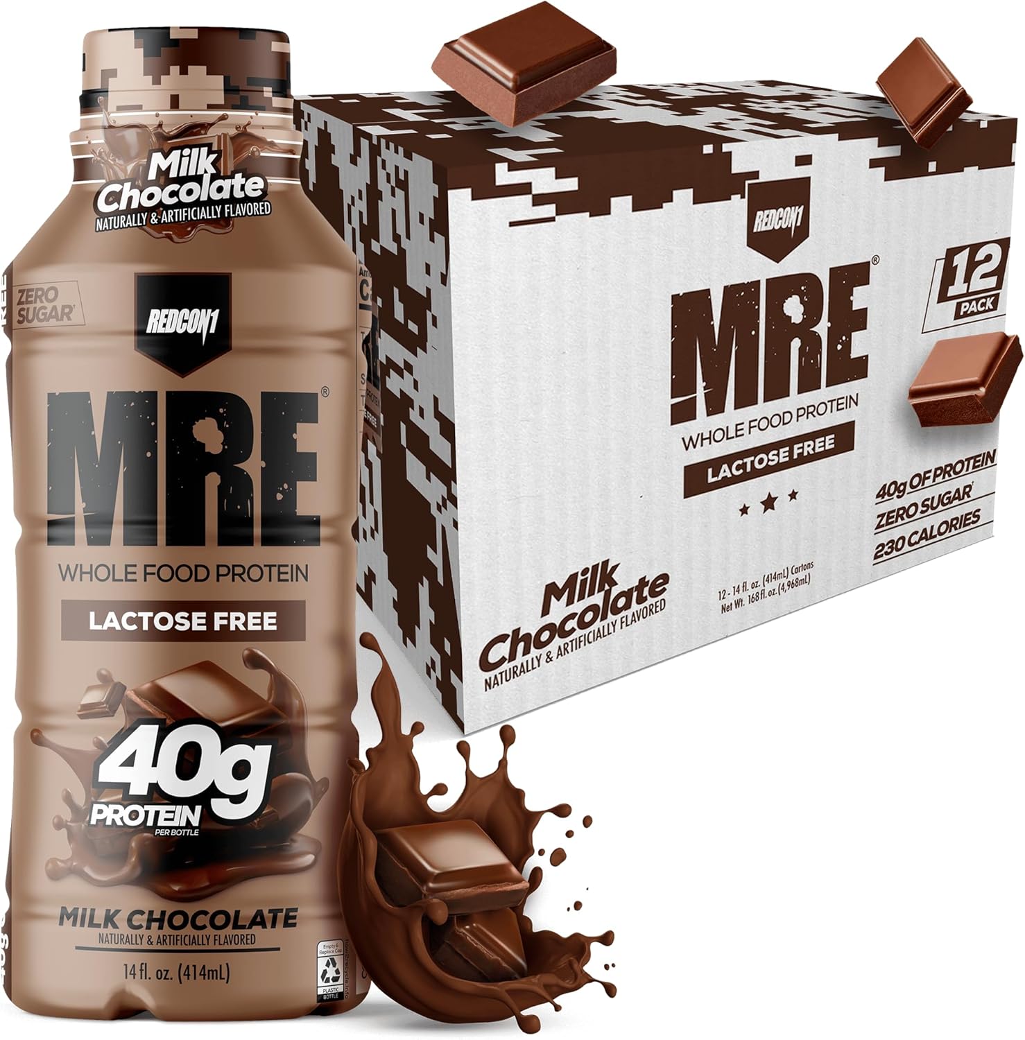 REDCON1 MRE Ready to Drink Protein Shake, Milk Chocolate - Lactose Free RTD 40gr Protein Made with Real Whole Food Protein Blends - Easy to Digest Nutritional Shake (12 Pack)