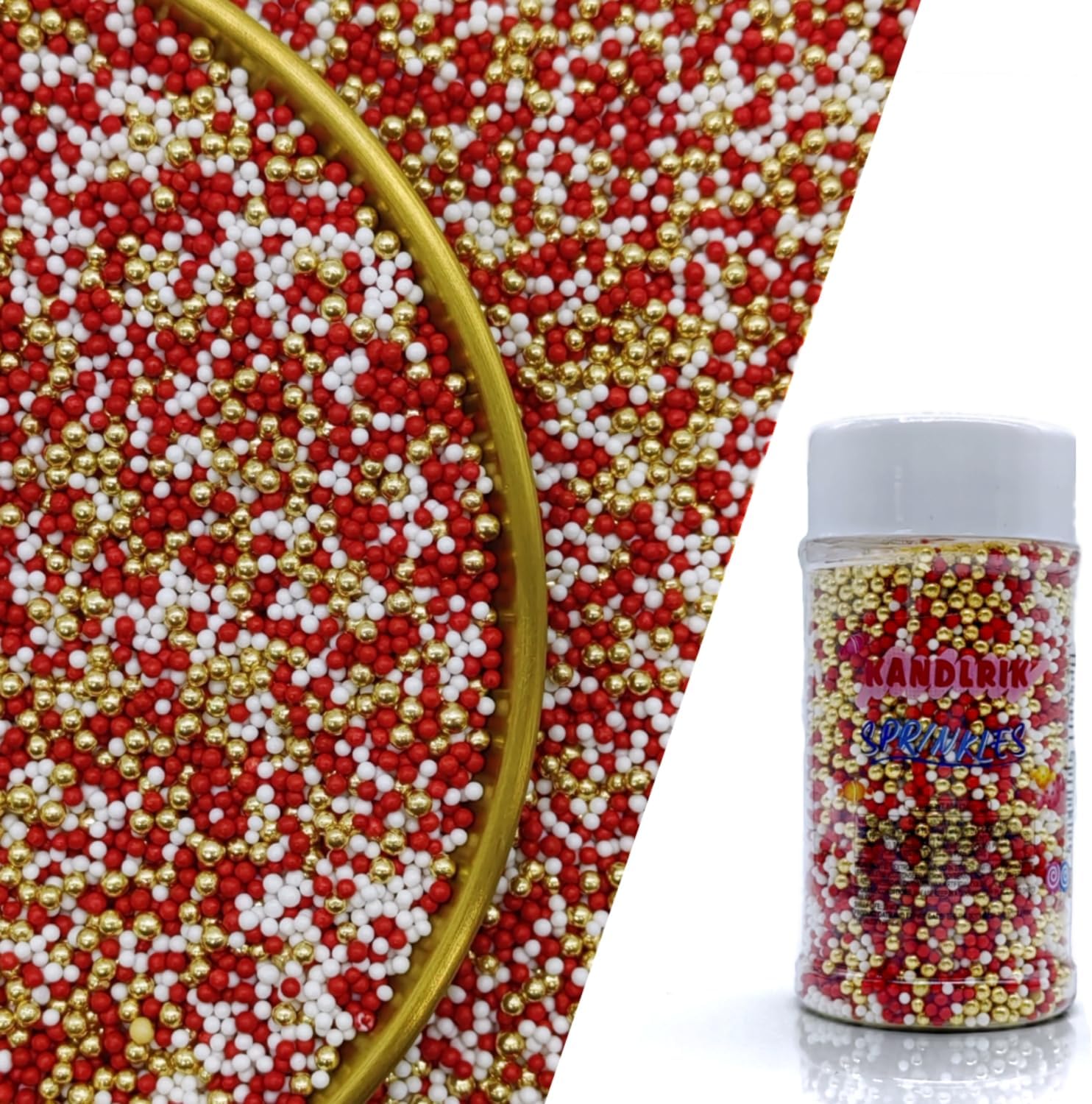 Edible Red & White & Super Gold Pearl Sugar Sprinkles Candy 2mm Mini Pearls Cake Decorations Cupcake Toppers Cookie Decorating Perfect for Wedding Party Valentine Halloween Christmas Supplies 3OZ