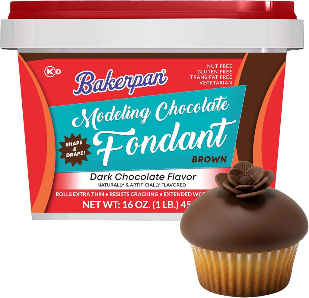 Bakerpan Modeling Chocolate Fondant – Hybrid Fondant for Cake Decorating & Sculpting, Rolls Thin and Resist Cracking, Brown - 1 Pound