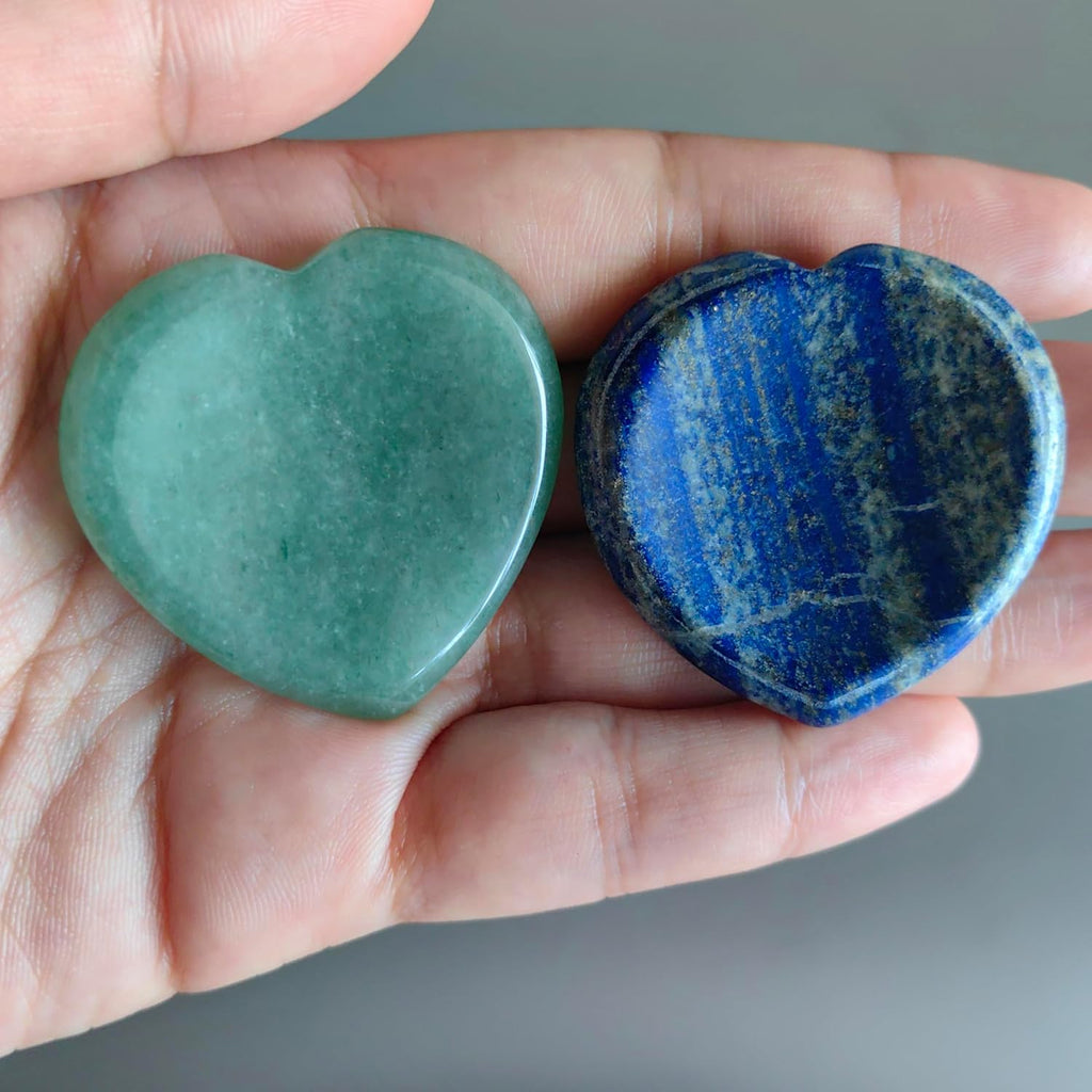 Natural Heart Shaped Worry Stones - Set of 2 Concave Palm Stones for Anxiety Relief & Meditation, Polished Healing Crystals Gift for Thumb Stress Relief, Lapis Lazuli w Green Aventurine