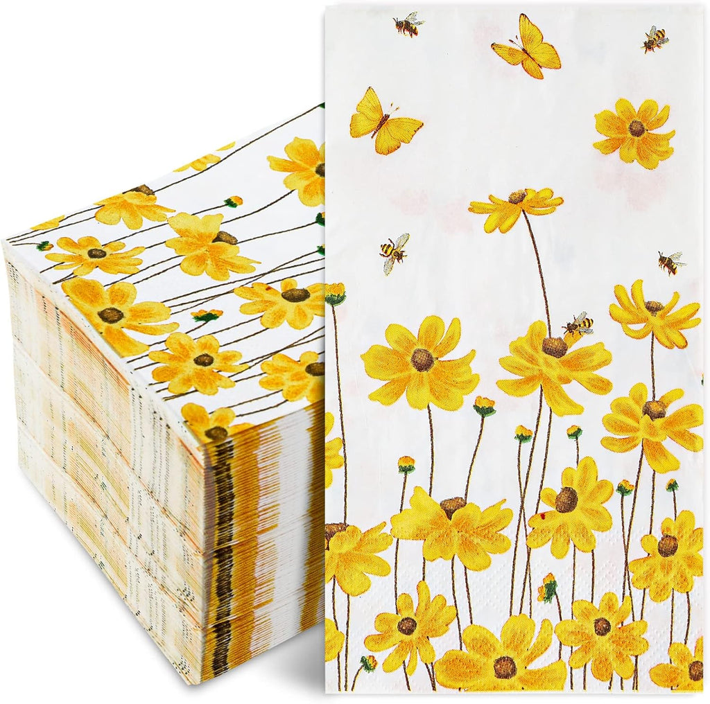 AnyDesign 80 Pack Calliopsis Guest Napkins Spring Summer Flower Bee Disposable Paper Napkins Yellow Floral Dinner Hand Towels for Home Kitchen Wedding Birthday Party Supplies
