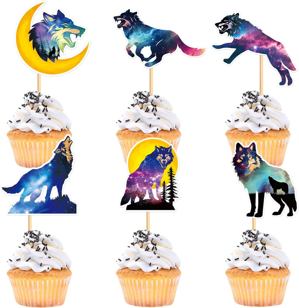 Ercadio 24 PCS Black Wolf Cupcake Toppers Silhouette Black Glitter Cupcake Topper Wolf Cupcake Decoration Picks Animal Theme for Baby Shower Kids Birthday Party Decoration Supplies