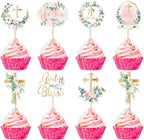 Rsstarxi 35 Pack God Bless Cupcake Toppers Cross Pink Wreath Cupcake Picks for Christian Baptism Baby Shower Girls First Communion Party Cake Decorations Supplies