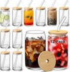 [ 12pcs Set ] Glass Cups with Bamboo Lids and Glass Straw - Beer Shaped Drinking Glasses, 16 oz Iced Coffee Glasses, Cute Tumbler Cup for Smoothie, Boba Tea, Whiskey, Water - 4 Cleaning Brushes