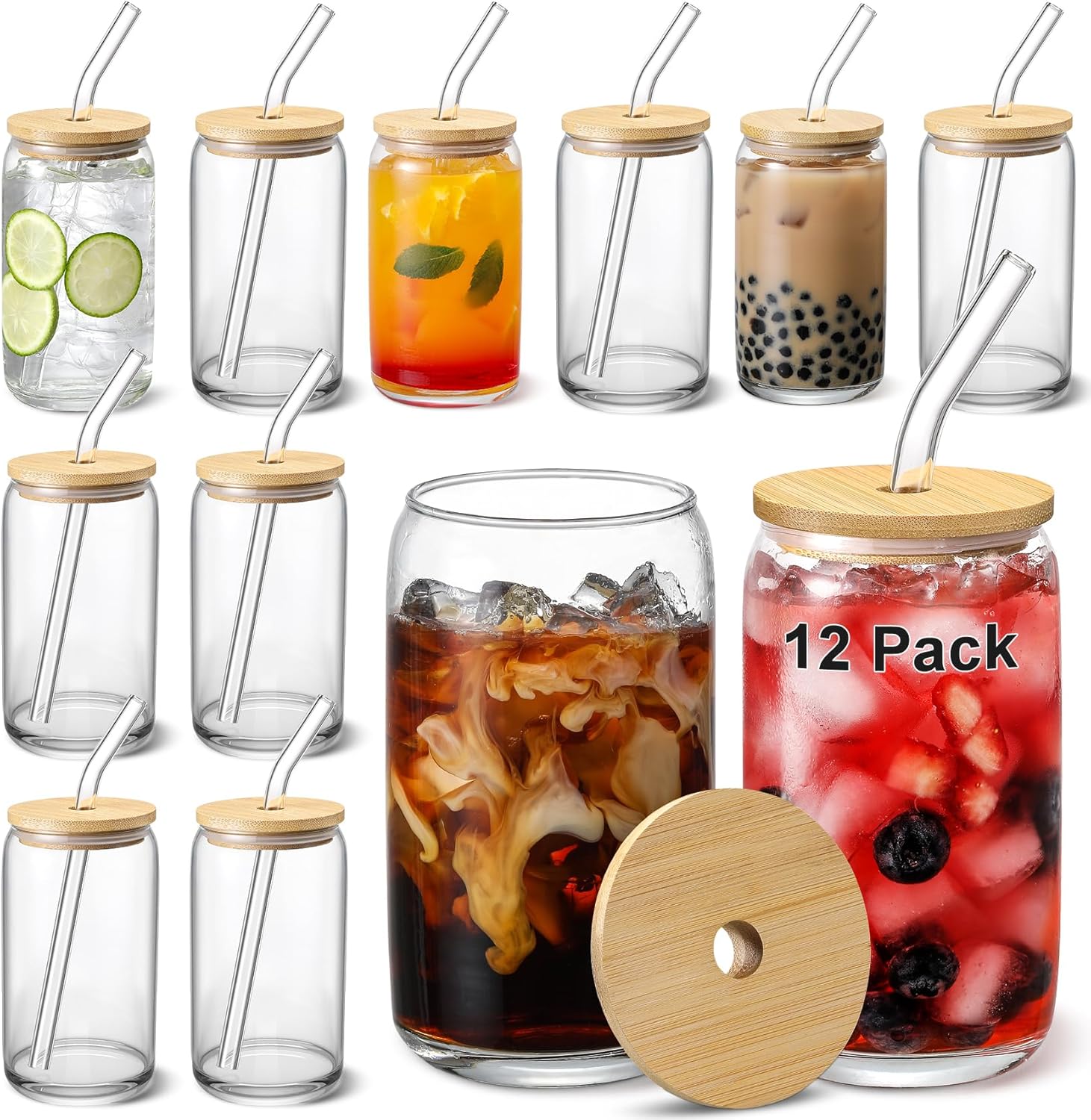 [ 12pcs Set ] Glass Cups with Bamboo Lids and Glass Straw - Beer Shaped Drinking Glasses, 16 oz Iced Coffee Glasses, Cute Tumbler Cup for Smoothie, Boba Tea, Whiskey, Water - 4 Cleaning Brushes