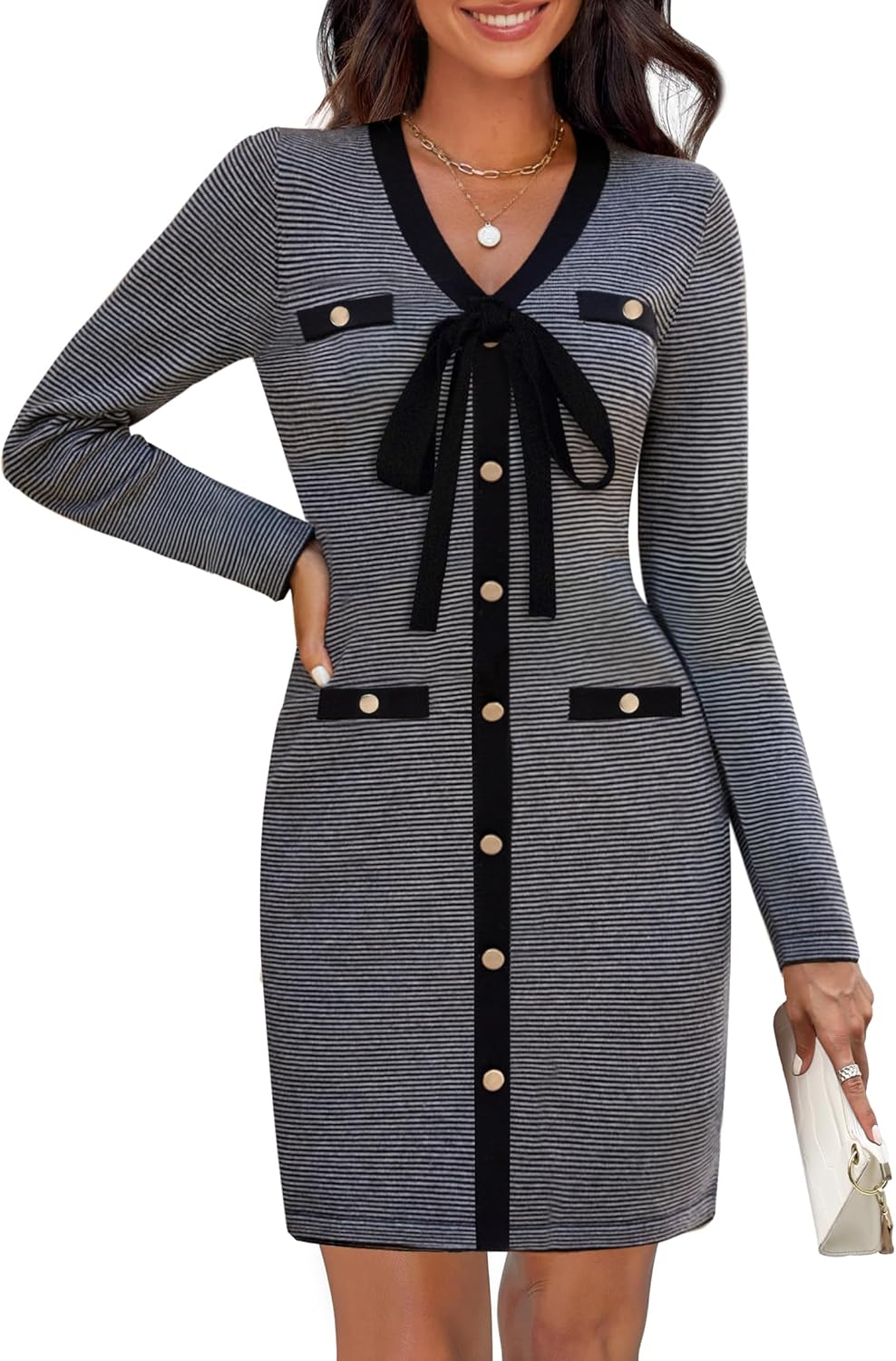 HAEOF Women's 2024 Long Sleeve Mini Sweater Dress Fall Winter Trendy V Neck Elegant Bodycon Formal Party Dresses