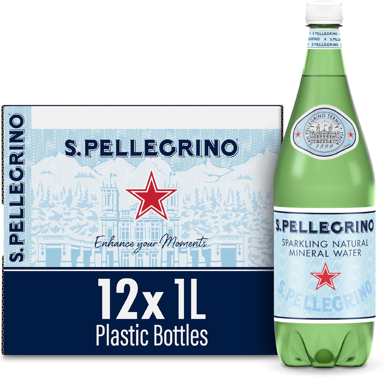 S.Pellegrino Sparkling Natural Mineral Water, 33.8 fl oz. Plastic Bottles (Pack of 12)