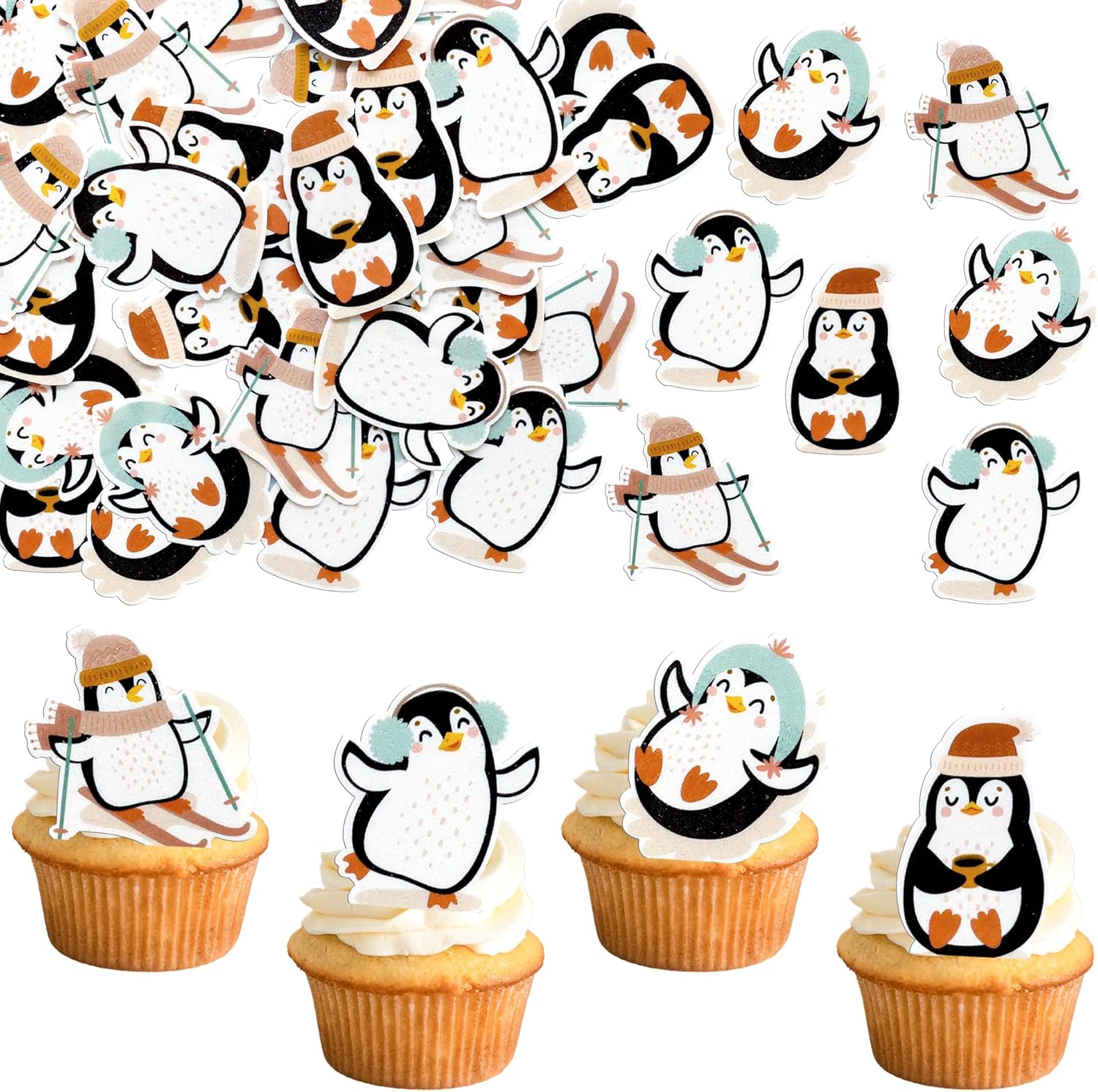 Ephlyn 48Pcs Edible Christmas Penguin Cake Toppers Wafer Paper Penguin Cupcake Decorations Christmas Cookie Decorations for Xmas Festival birthday Party Decor