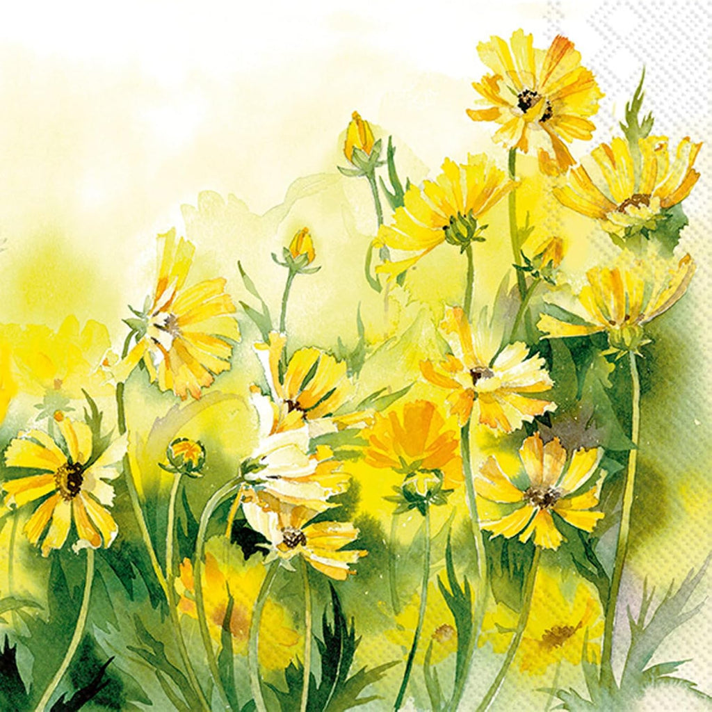 IHR Ideal Home Range Cocktail Napkins Disposable 3-Ply Paper Party Napkin Pack, 5" x 5", Sunny Wildflowers (Yellow), 20-Count
