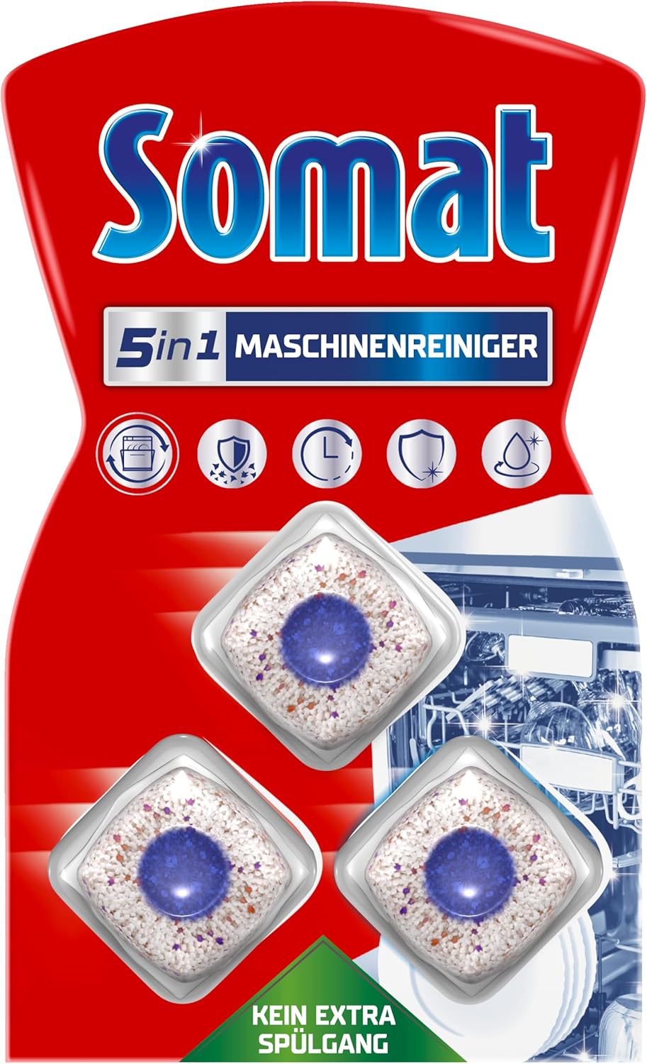 SOMAT 5-in-1 machine cleaner (3 WL), anti-limescale dishwasher cleaner for monthly use, cleaning tabs for the dishwasher for longer life, without extra rinse cycle