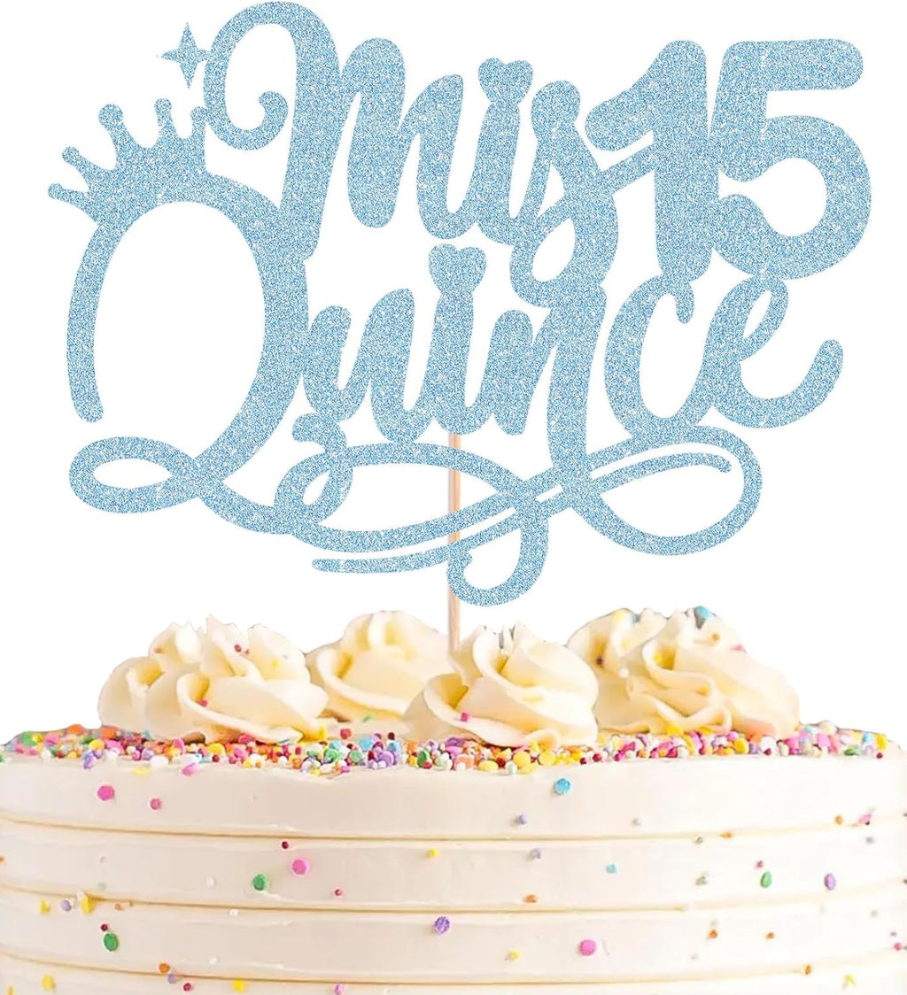 Quinceanera 15 Cake Topper - Light Blue Glitter 15th Birthday or Anniversary Party Cake Decorations for Girls, Mis Años 15 Cake Topper, Cheers to 15 Years Birthday Party Photo Booth Props