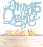 Quinceanera 15 Cake Topper - Light Blue Glitter 15th Birthday or Anniversary Party Cake Decorations for Girls, Mis Años 15 Cake Topper, Cheers to 15 Years Birthday Party Photo Booth Props
