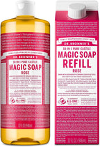 Dr. Bronner's Pure-Castile Magic Soap Liquid- Made with Regenerative Organic Certified Oils- For Body, Face, Hair, Dishes, Laundry, Vegan Bath Soaps for Men & Women, Non-GMO - Rose, 32oz + Refill