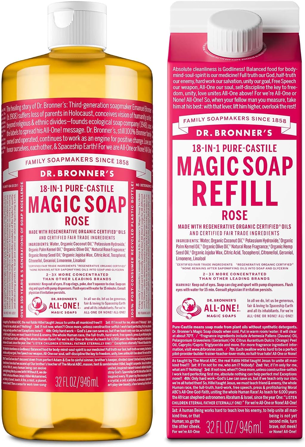 Dr. Bronner's Pure-Castile Magic Soap Liquid- Made with Regenerative Organic Certified Oils- For Body, Face, Hair, Dishes, Laundry, Vegan Bath Soaps for Men & Women, Non-GMO - Rose, 32oz + Refill