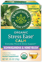 Traditional Medicinals Organic, Stress Ease Calm with Adaptogens, Ashwagandha & Honeybush - Promotes Relaxation - Kosher, Non-GMO, Caffeine-Free, Compostable - 16 Tea Bags