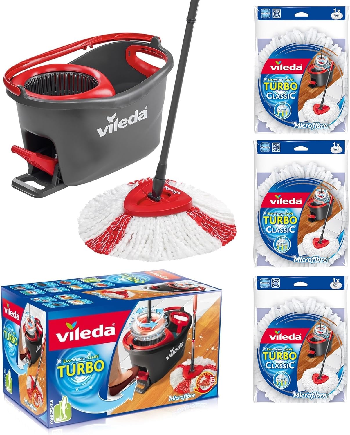 Vileda Turbo EasyWring & Clean Complete Set, Mop with Bucket and Power Spinner Plus Three Spare Bags Turbo Classic TOP Price, Red,white