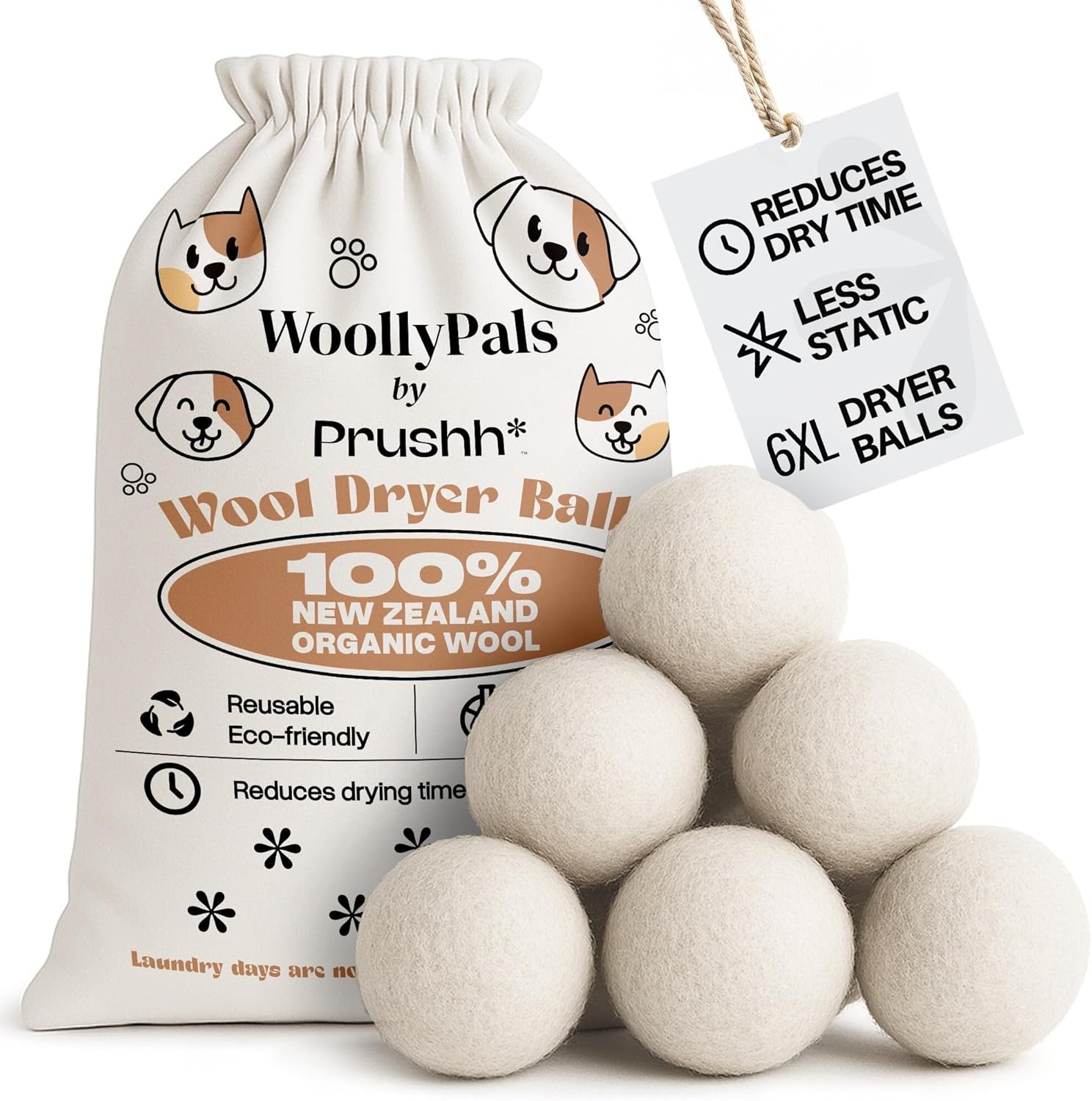 WoollyPals Dryer Balls (6-Pack, XL Size) - 100% New Zealand Wool - No More Dryer Sheets - Eco Dryer Balls - Reusable - Softens Laundry - Reduces Drying Time & Static - with Storage Bag (Plain White)
