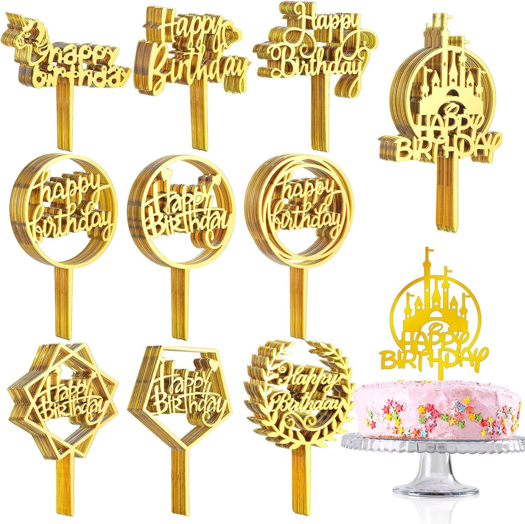 150 Pcs Happy Birthday Cake Toppers Acrylic Cake Topper Glitter Birthday Cake Decorations Double Sided for Adults Various Cake Decoration Party Supplies(Gold,Cute)