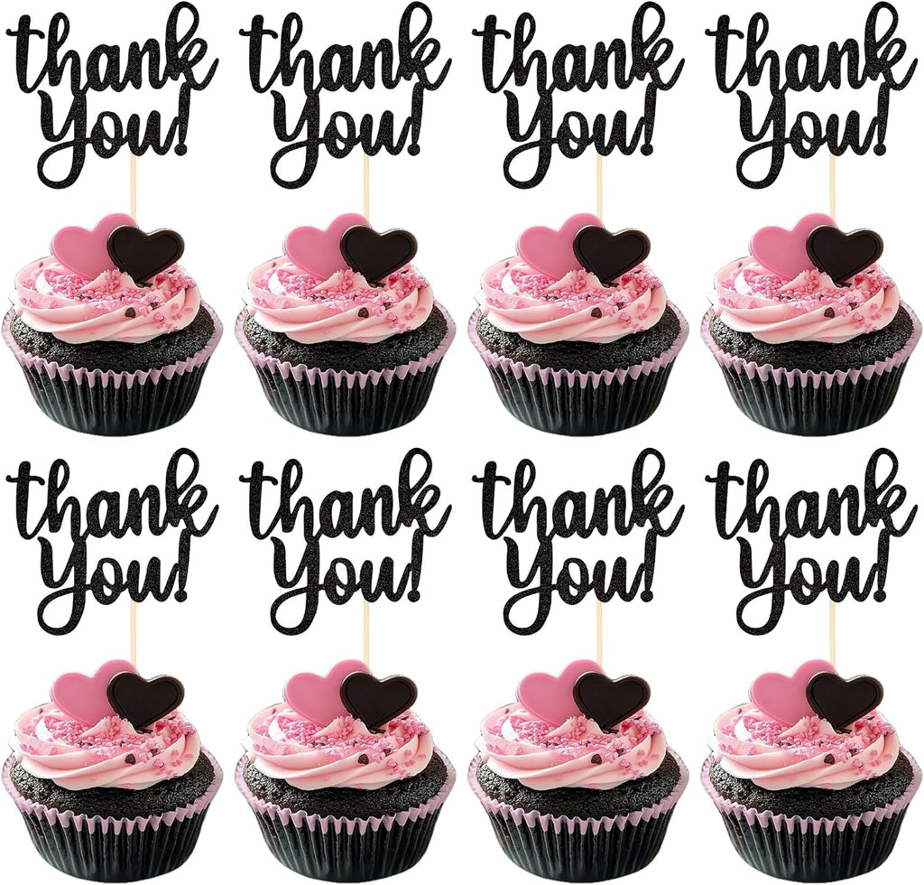 Rsstarxi 24 Pack Thank You Cupcake Toppers Black Glitter Thank You Cupcake Picks for Thanksgiving Day Wedding Anniversary Baby Shower Kids Birthday Party Cake Decoration Supplies