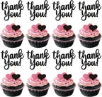 Rsstarxi 24 Pack Thank You Cupcake Toppers Black Glitter Thank You Cupcake Picks for Thanksgiving Day Wedding Anniversary Baby Shower Kids Birthday Party Cake Decoration Supplies
