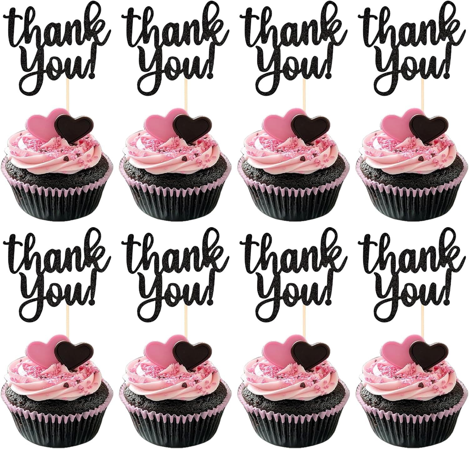 Rsstarxi 24 Pack Thank You Cupcake Toppers Black Glitter Thank You Cupcake Picks for Thanksgiving Day Wedding Anniversary Baby Shower Kids Birthday Party Cake Decoration Supplies