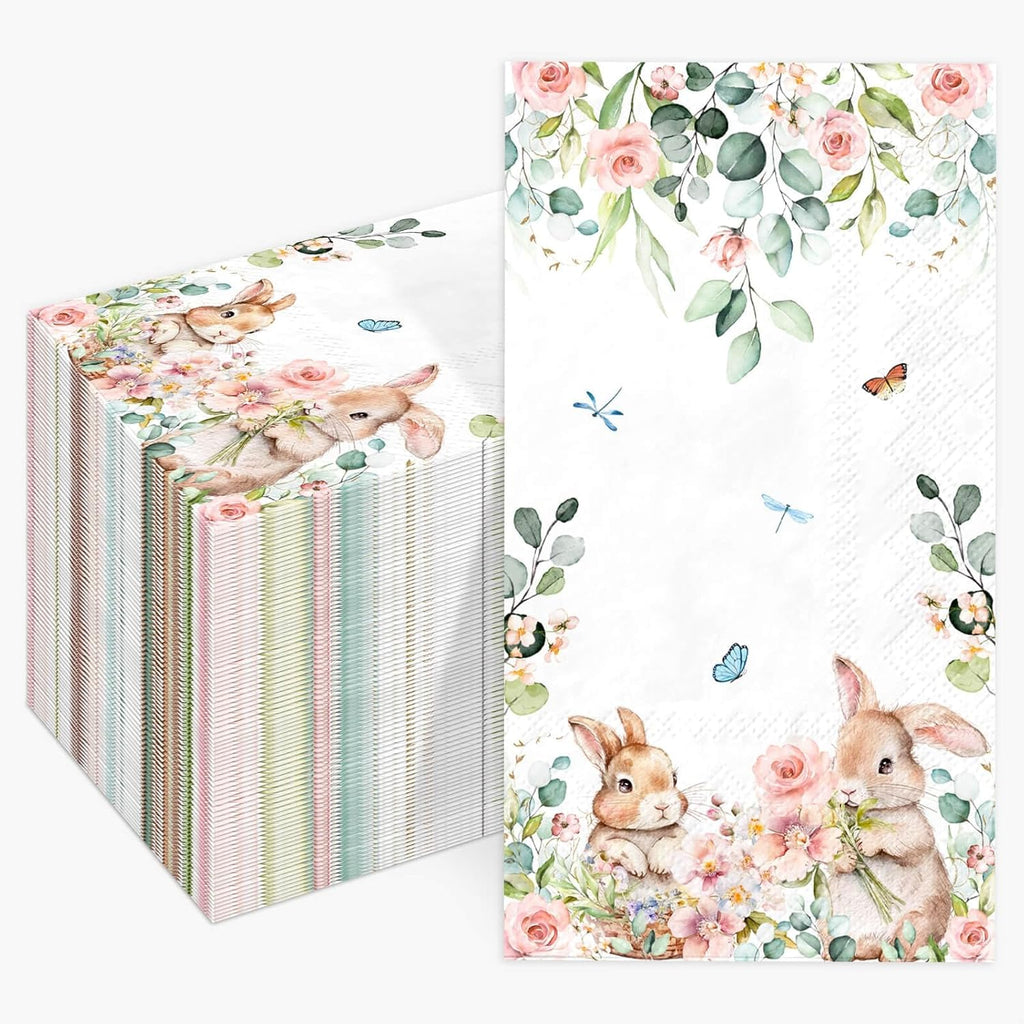 100pcs Easter Bunny Floral Guest Napkins Rabbit Flowers Spring Seasonal Disposable Paper Dinner Hand Napkin Towel for Home Kitchen Bathroom Powder Room Holiday Party Decorative Towels
