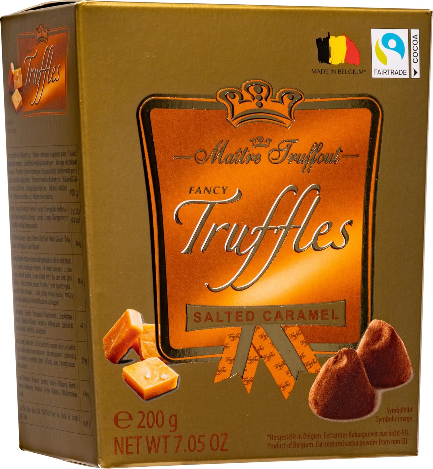 Maitre Truffout, Salted Caramel Flavor Belgian Chocolate Fancy Cocoa Dusted Truffles, 7.05oz/200g