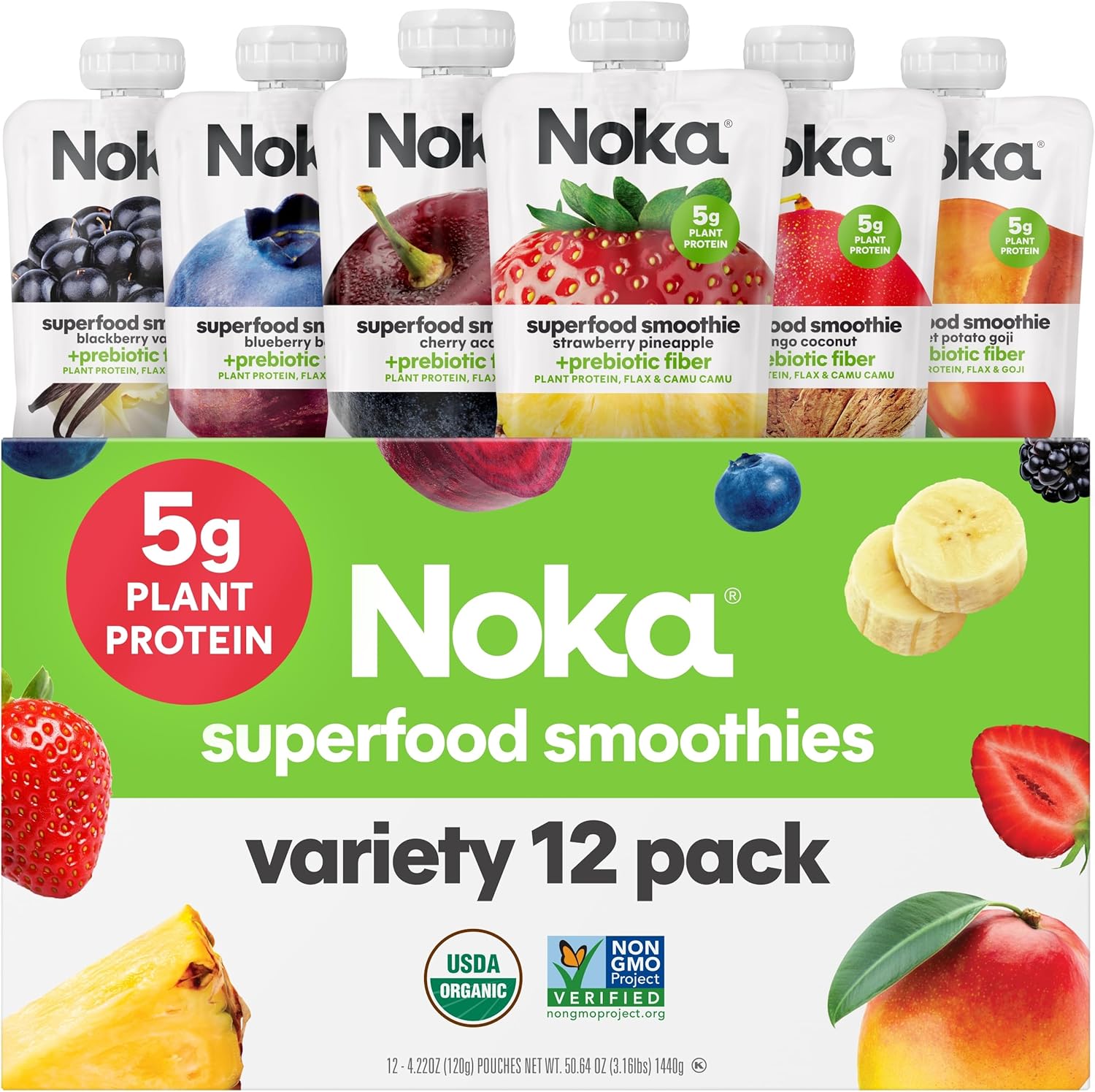 Noka Superfood Fruit Smoothie Pouches Variety Pack, Healthy Snacks with Flax Seed, Plant Protein and Prebiotic Fiber, Vegan and Gluten Free Snacks, Made in USA, Organic Squeeze Pouch, 4.22 oz, 12 Count