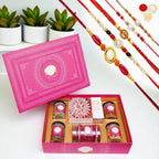 Ghasitaram Gifts Jaiccha Rakhi for Brother - Big Pink Hamper Box of kaju Katlis, Namkeen and Dryfruit- Phb-3 with 5 Rakhi