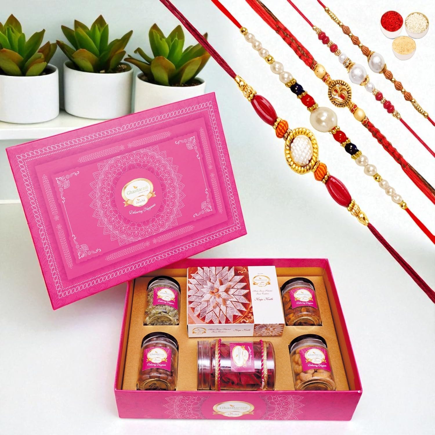 Ghasitaram Gifts Jaiccha Rakhi for Brother - Big Pink Hamper Box of kaju Katlis, Namkeen and Dryfruit- Phb-3 with 5 Rakhi