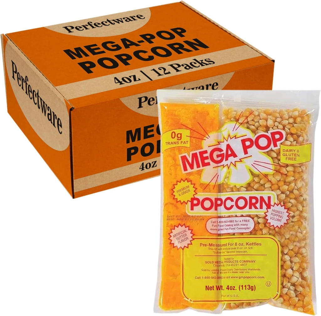 Perfectware All in One Popcorn Portion Packets with Kernels, Salt, and Coconut Oil for Popping Machine, 4 oz, 12 Count
