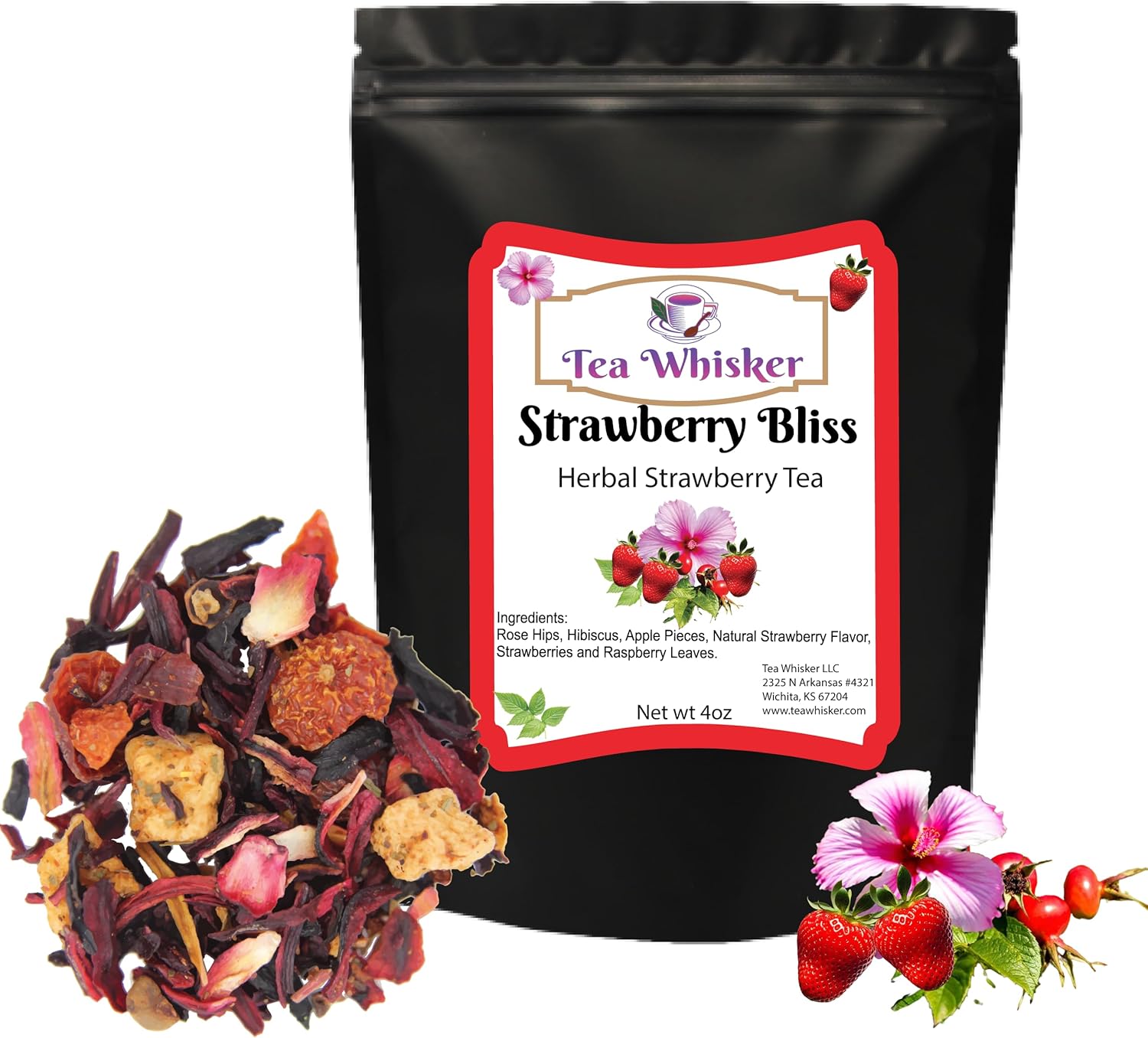 Tea Whisker - Strawberry Bliss | Fruity Herbal | Loose Leaf Tea | 4 Ounce Pouch | Serve Iced or Hot | Non-Caffeinated