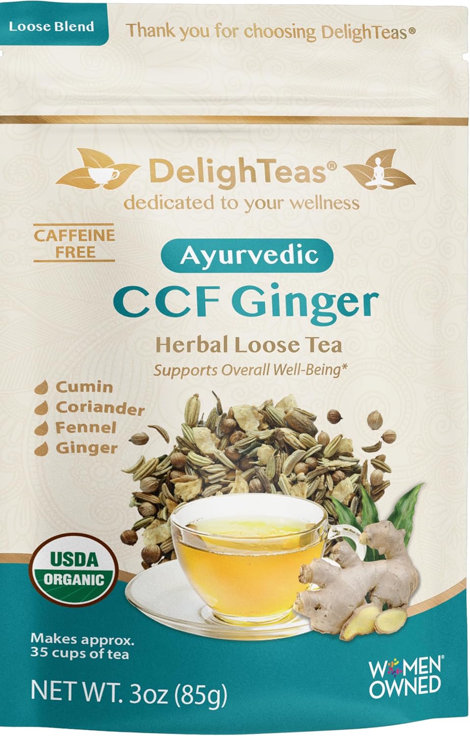 DelighTeas Organic Digest & Detox CCF Tea with Ginger | Ayurvedic Cumin, Coriander, Fennel, Ginger Loose Leaf Tea for Digestion | USDA Organic, Non-GMO, Caffeine Free, Sugar Free | 40 Servings, 3oz