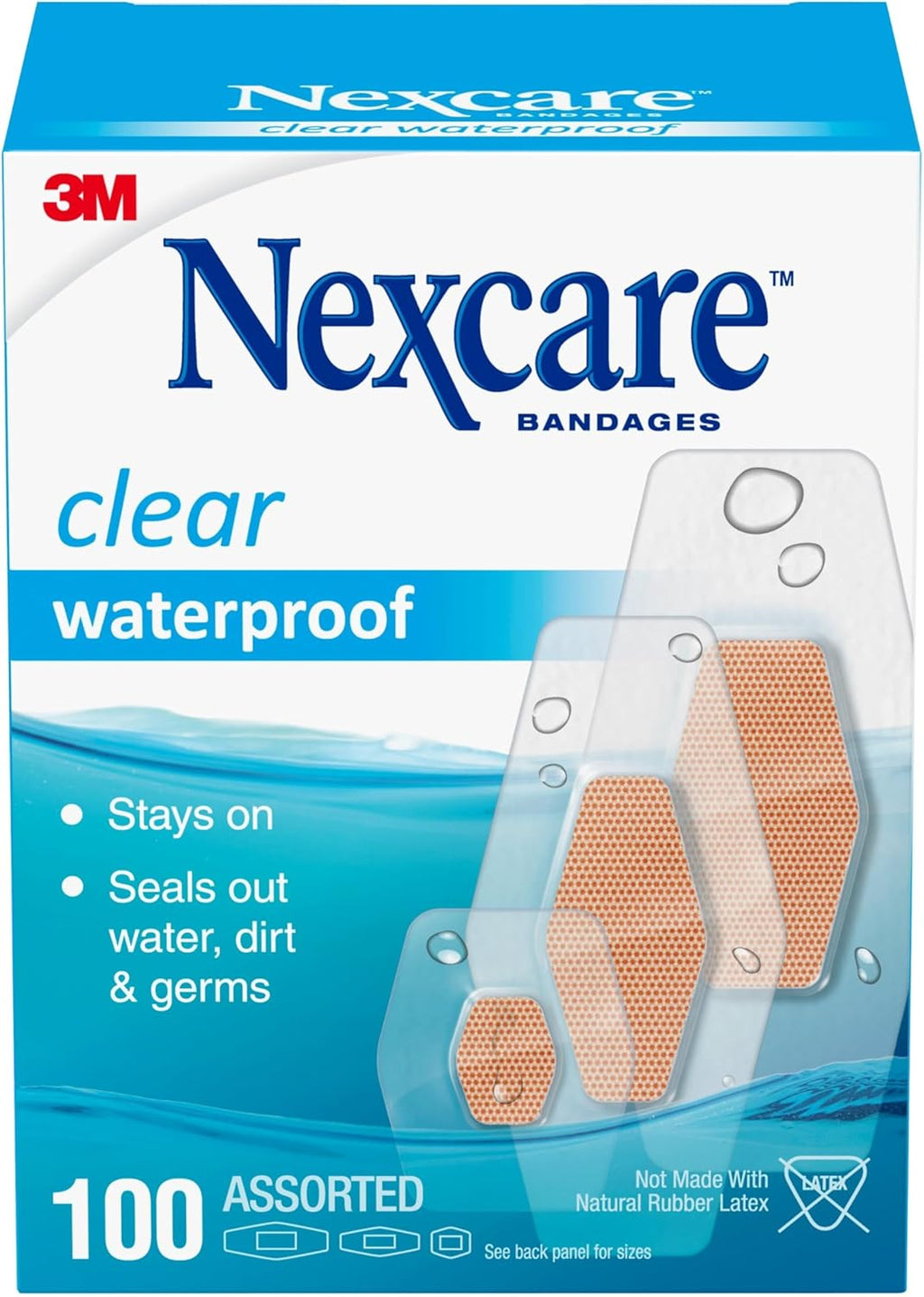Nexcare Waterproof Clear Bandages, Covers and Protects, 360 Degree Seal Around The Pad Offers Exceptional Protection Against Water, Dirt, and Germs, Assorted Sizes, 100 Count