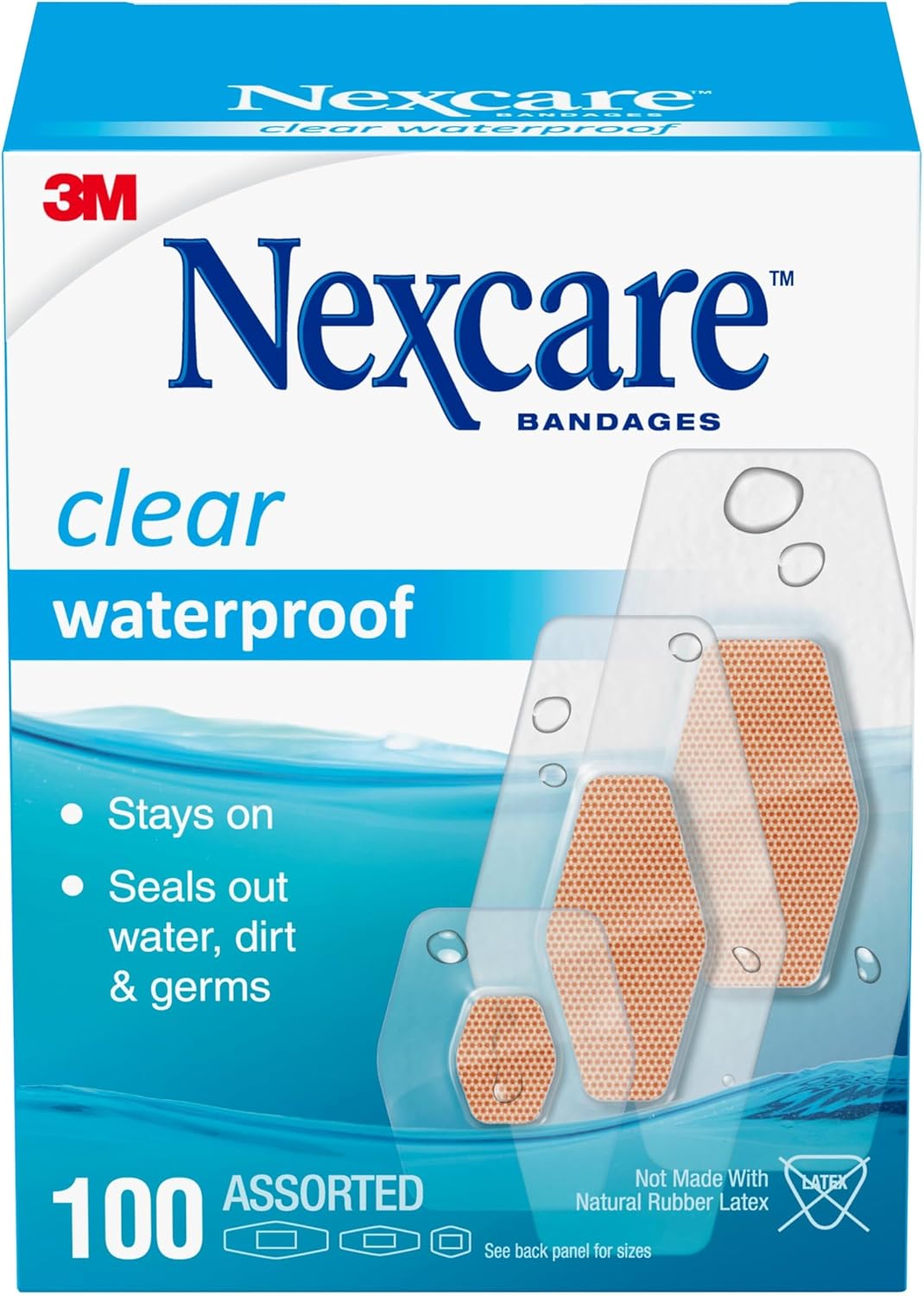 Nexcare Waterproof Clear Bandages, Covers and Protects, 360 Degree Seal Around The Pad Offers Exceptional Protection Against Water, Dirt, and Germs, Assorted Sizes, 100 Count