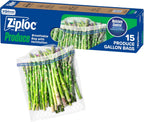 Ziploc Food Storage Produce Bags, Seal Top to Keep and Control Moisture, 15 Bags Total