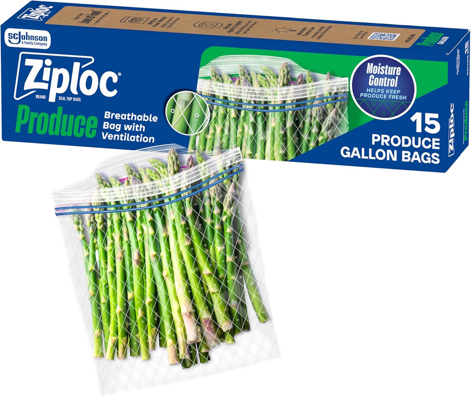 Ziploc Food Storage Produce Bags, Seal Top to Keep and Control Moisture, 15 Bags Total