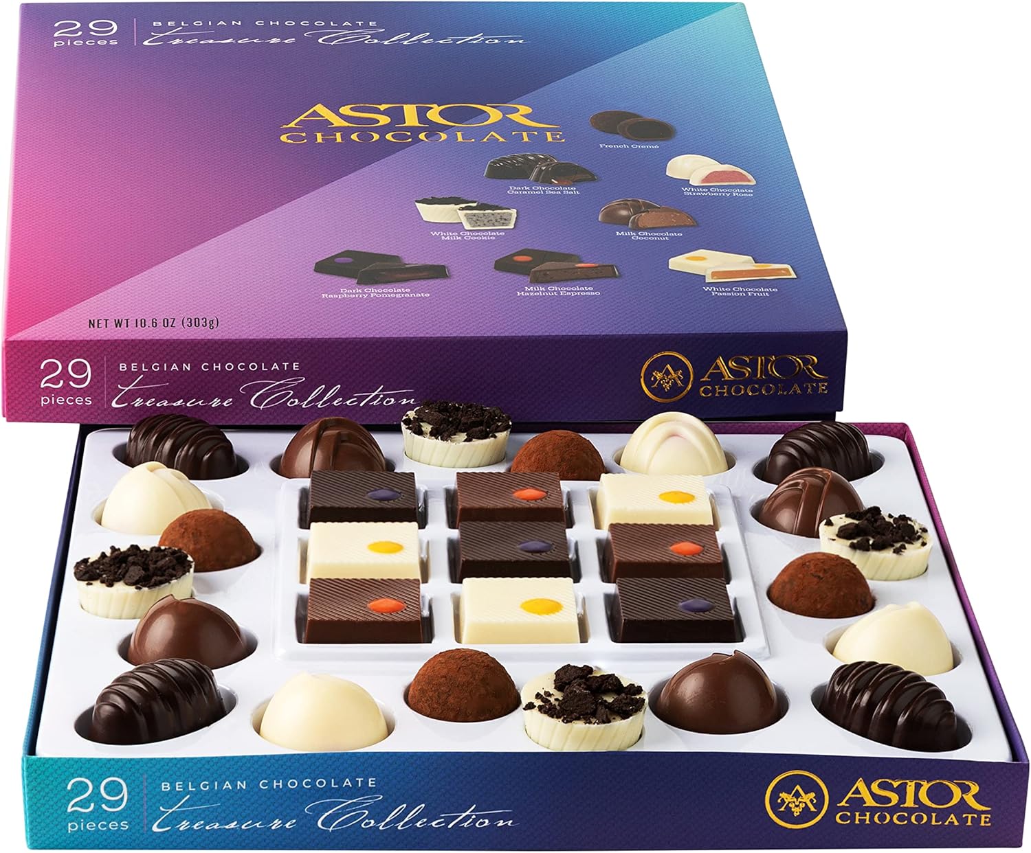 Gourmet Chocolate Truffles Gift Box, Astor Chocolate Treats Collection, 29 Assorted Belgian Chocolate Candy Gifts for for Her and Him with 8 Delectable Flavors, Kosher